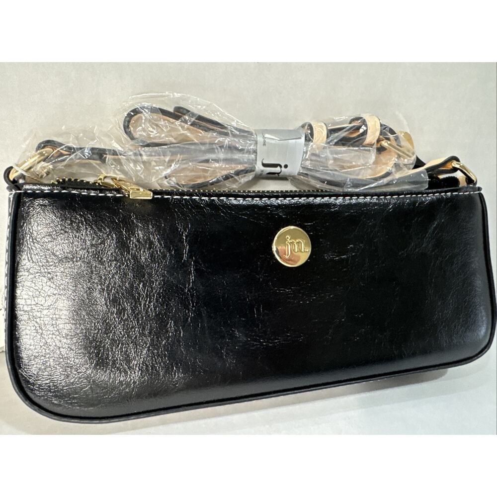 Jessica Moore Textured Black Beige Strap Baguette Bag Purse~w/Dust Bag - NWT